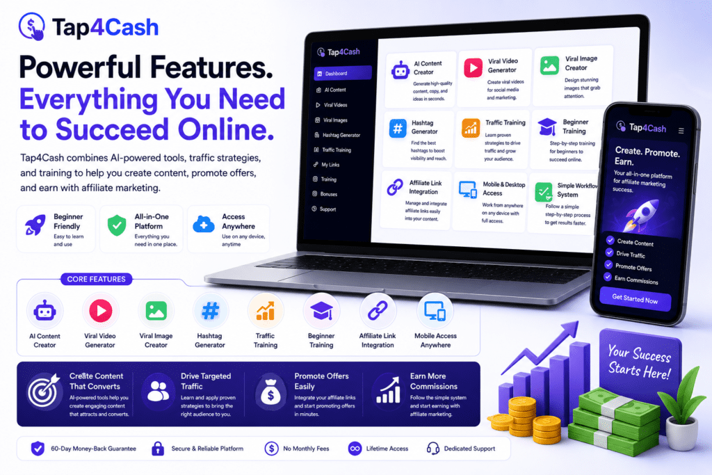 Tap4Cash features overview showing AI content creator, viral video generator, image creator, hashtag generator, traffic training, affiliate marketing tools, and beginner-friendly platform dashboard.