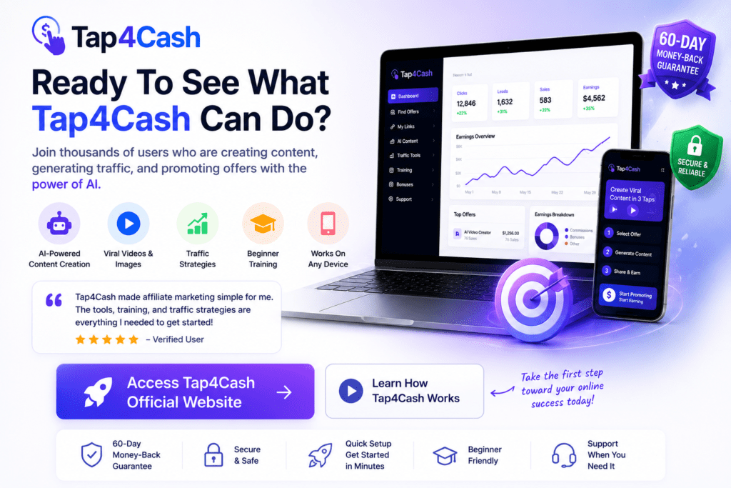Tap4Cash final call-to-action banner showcasing AI-powered affiliate marketing tools, content creation features, traffic strategies, beginner training, and secure platform access.