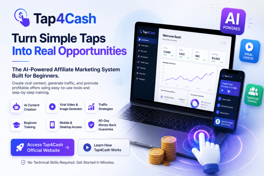 Tap4Cash AI-powered affiliate marketing platform dashboard showing content creation tools, viral video generator, traffic strategies, and mobile-friendly access for beginners.