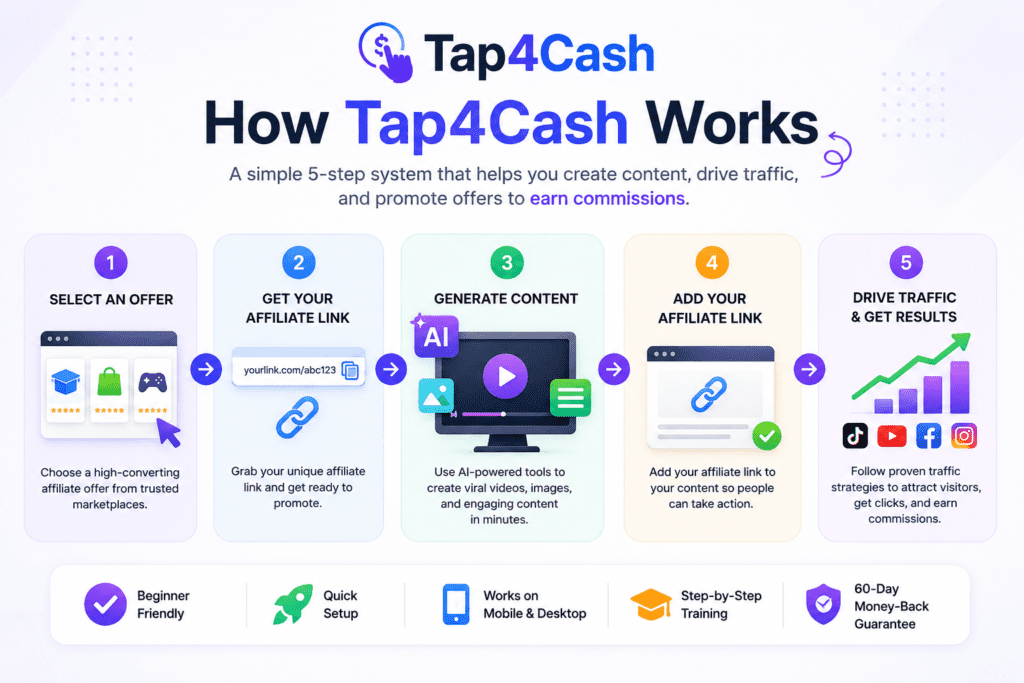 Tap4Cash how it works infographic showing the five-step affiliate marketing process including selecting an offer, getting an affiliate link, creating AI-powered content, adding links, and driving traffic to earn commissions.
