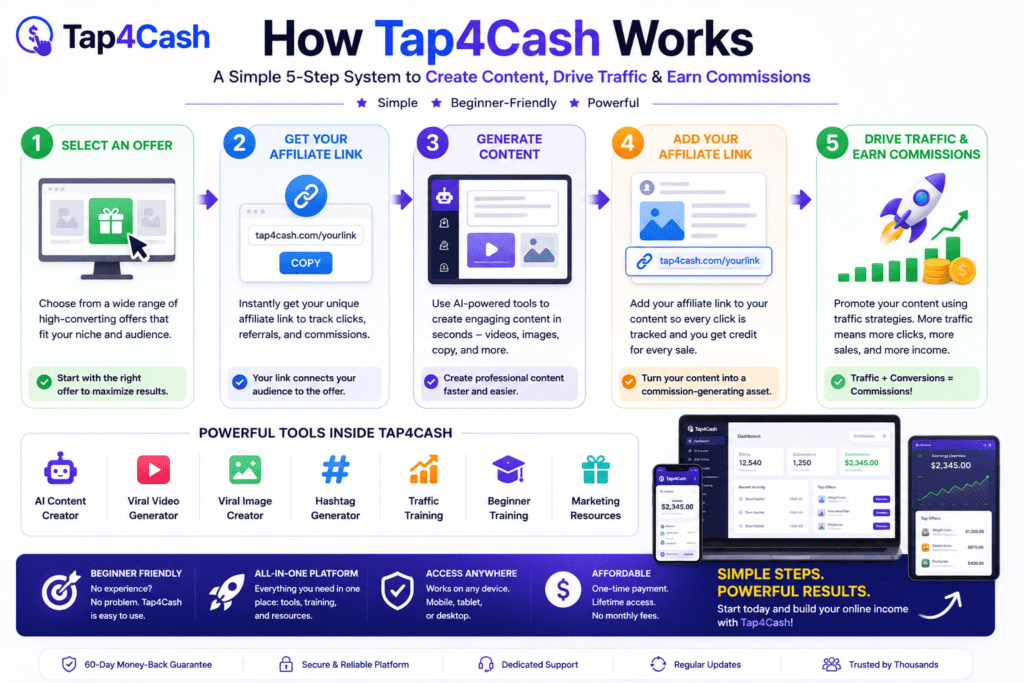 Tap4Cash how it works guide showing the five-step affiliate marketing process including offer selection, affiliate link setup, AI content creation, link integration, and traffic generation.