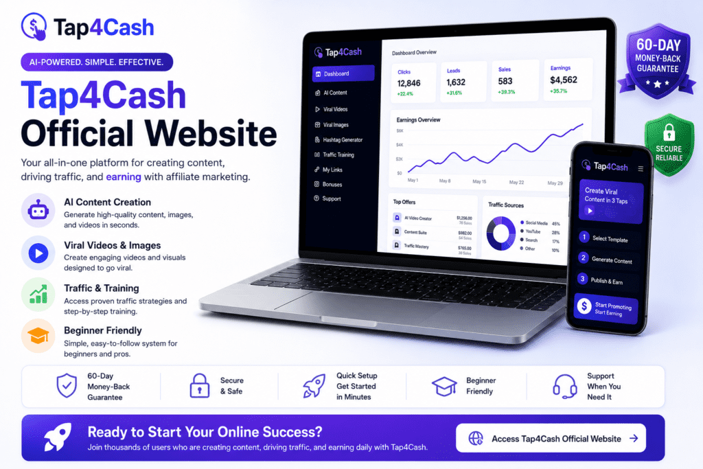 Tap4Cash official website banner showcasing AI-powered affiliate marketing tools, content creation features, viral video generator, traffic training, and beginner-friendly platform access.