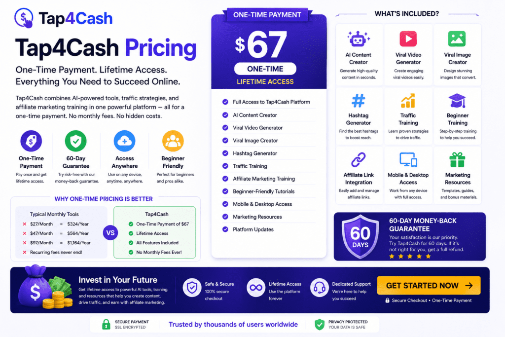Tap4Cash pricing page showing one-time $67 payment, included AI content creation tools, viral video generator, traffic training, affiliate marketing resources, and 60-day money-back guarantee.
